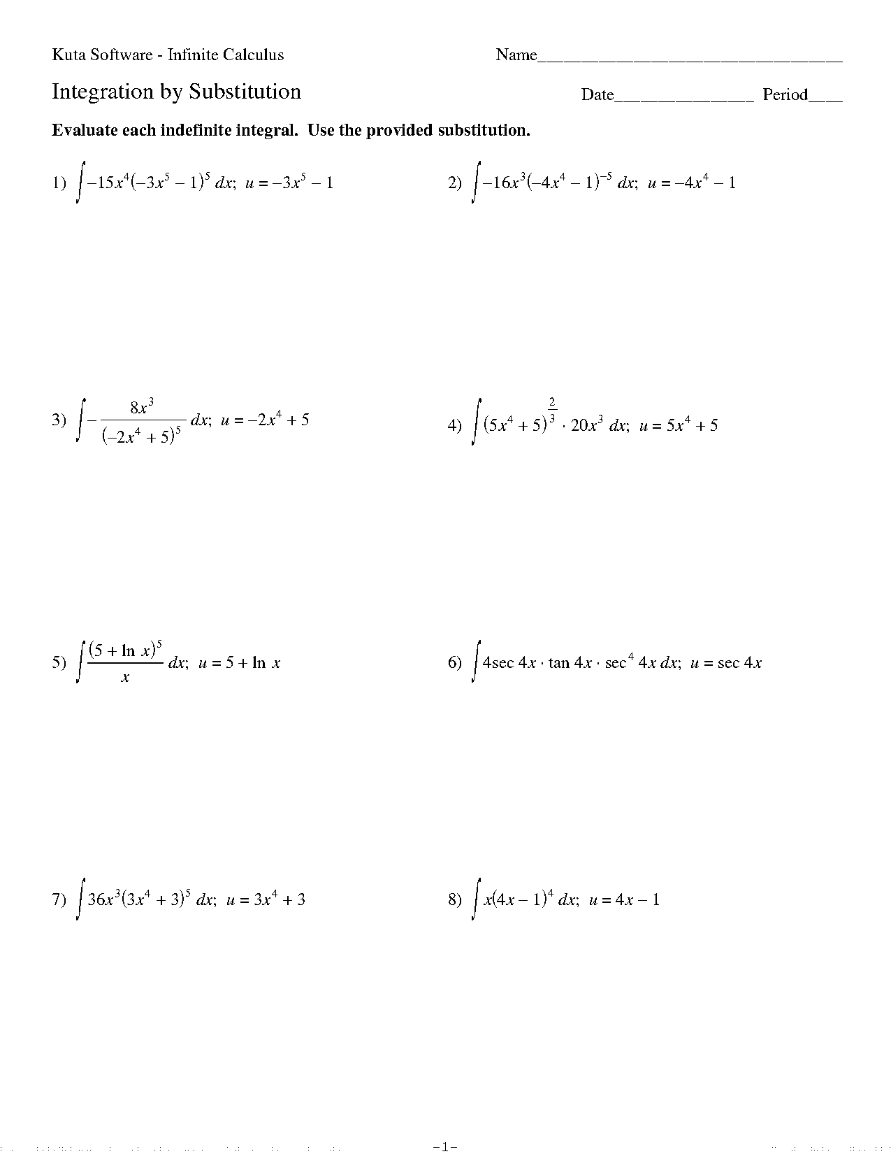 evaluate integrals using u substitution