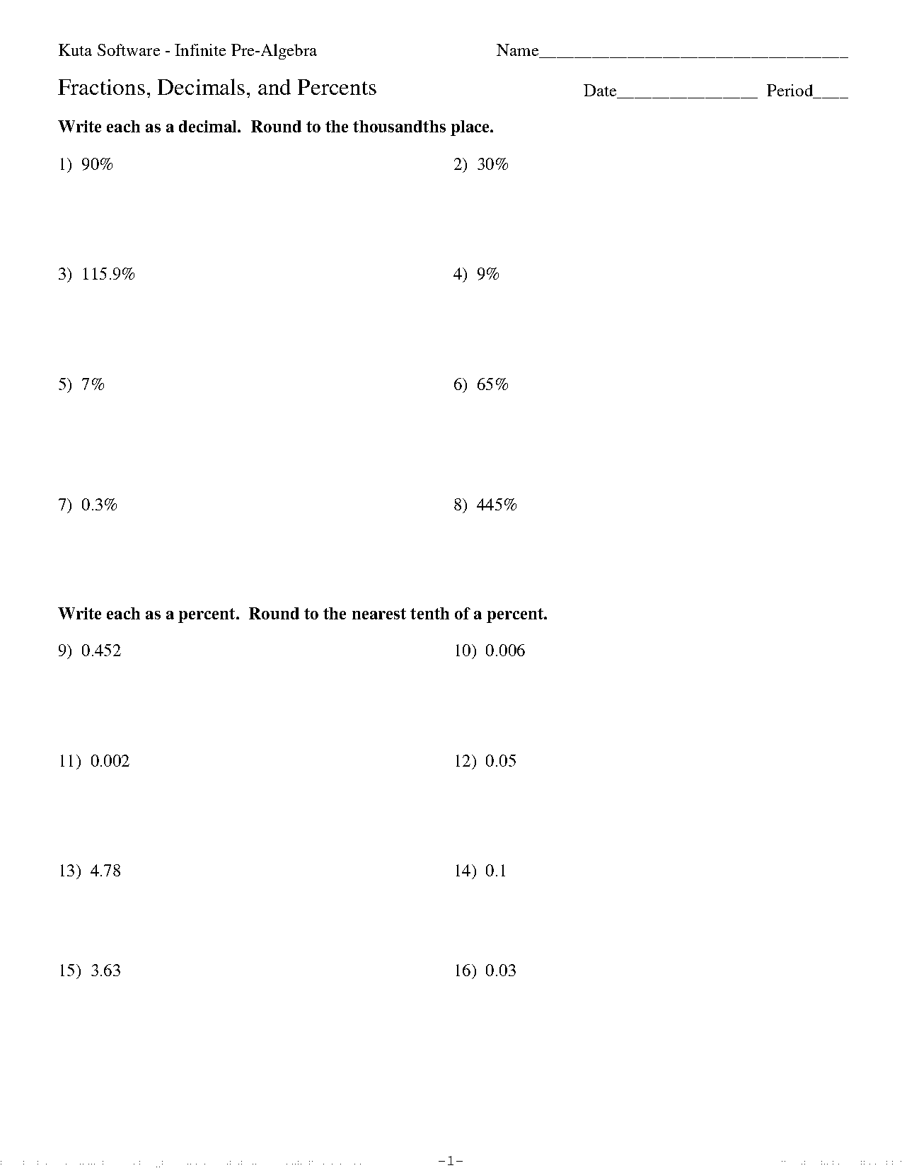 percent to decimal printable worksheets