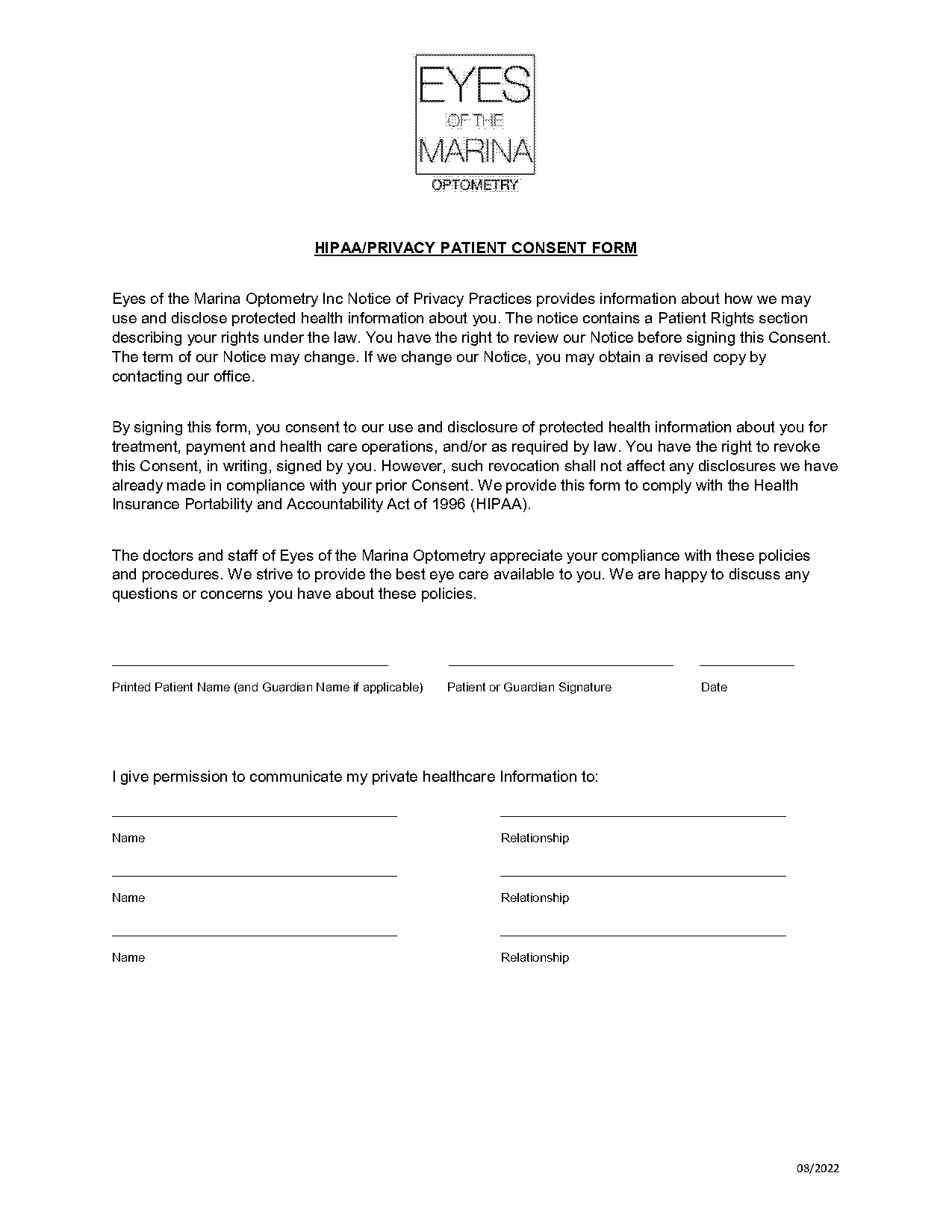 notice of privacy practices form optometry