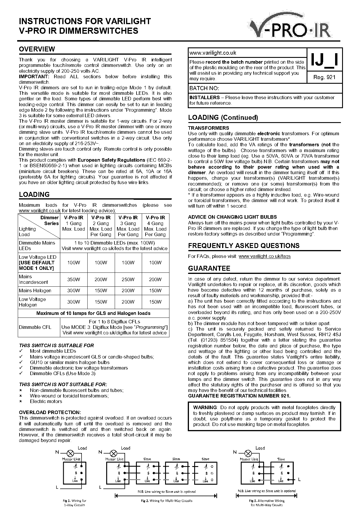 varilight touch remote dimmer switch instructions