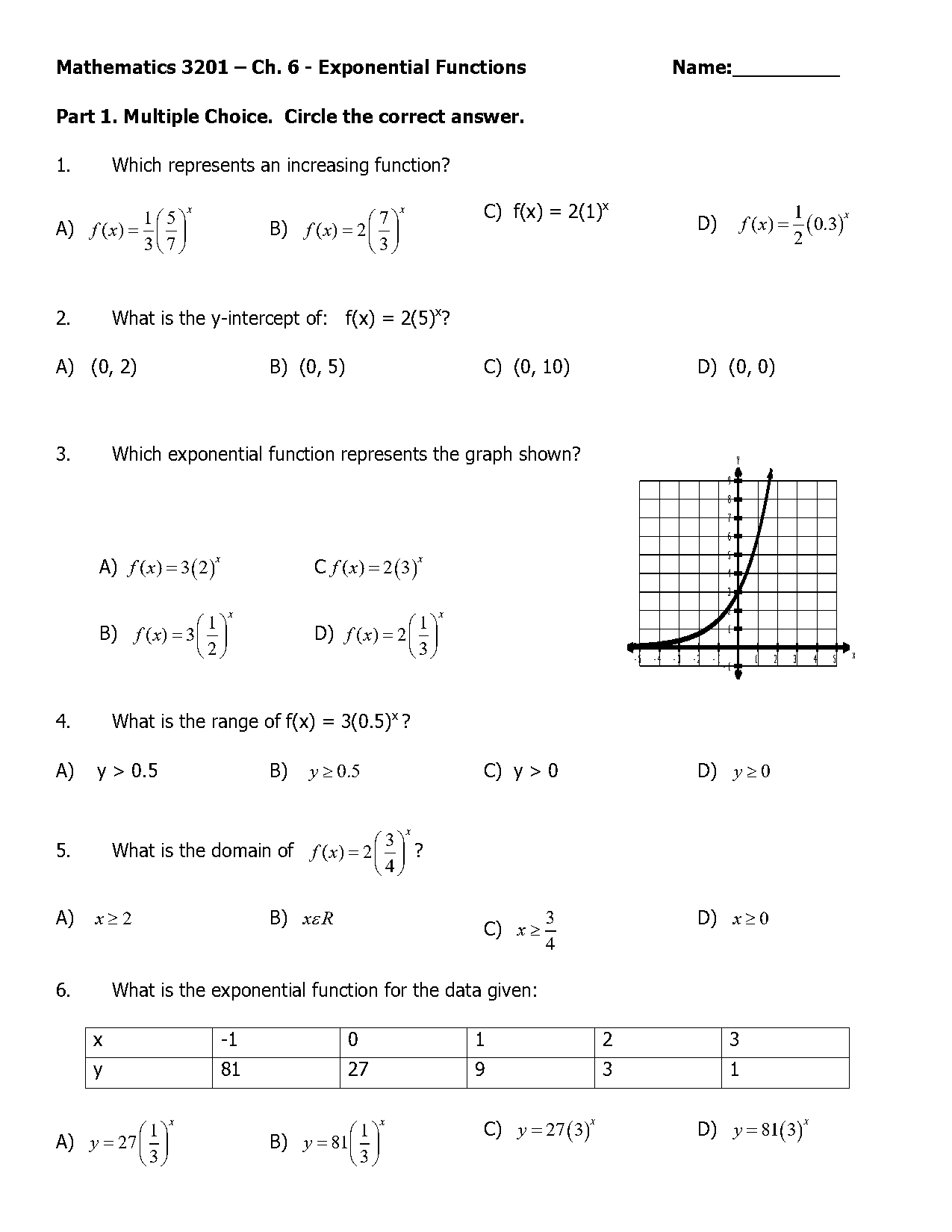 exponential decay multiple choice worksheet