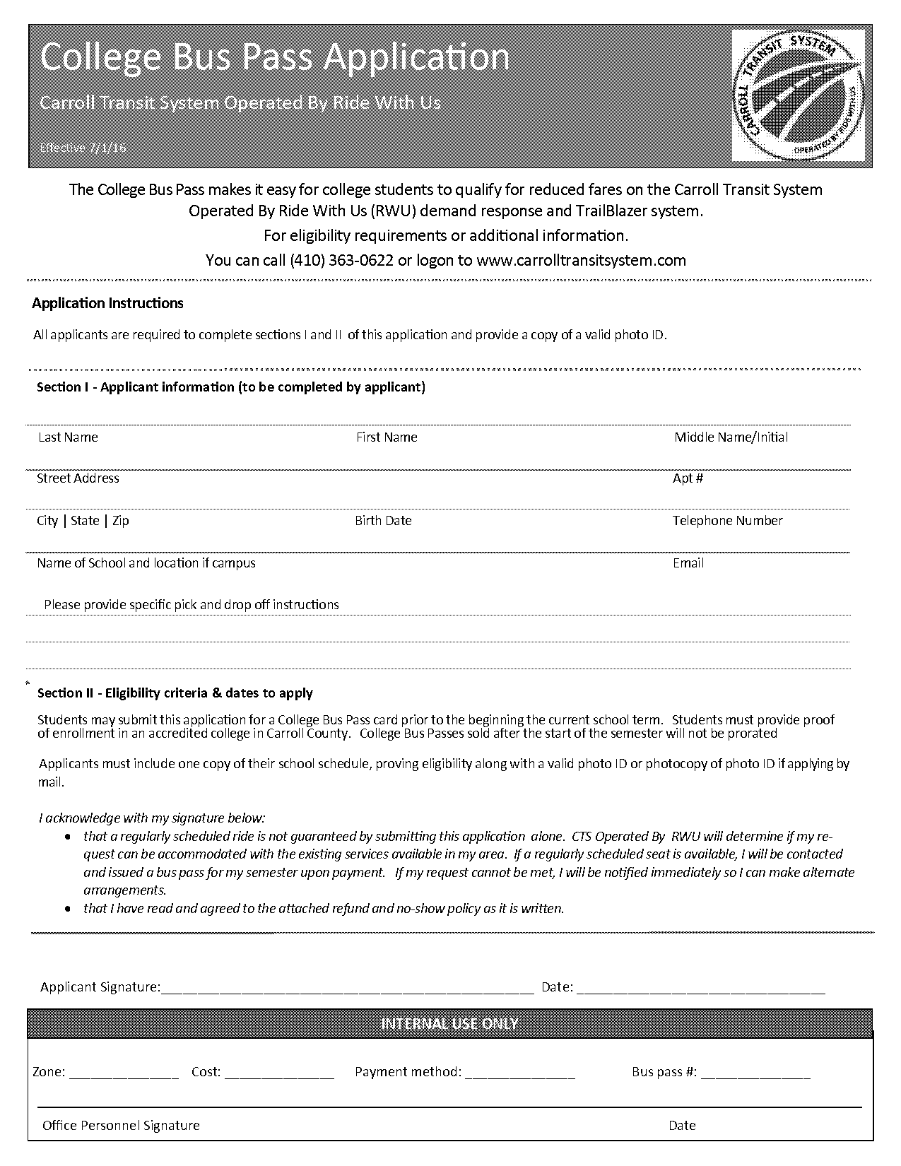 college student bus pass form