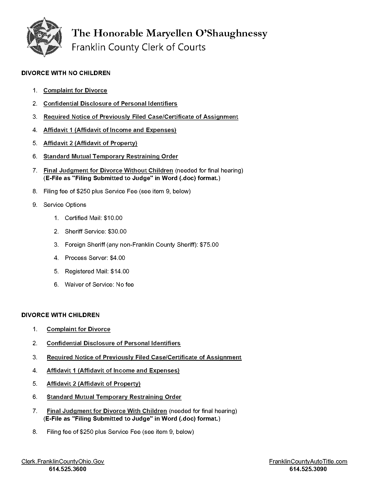 cost to file a restraining order in ohio