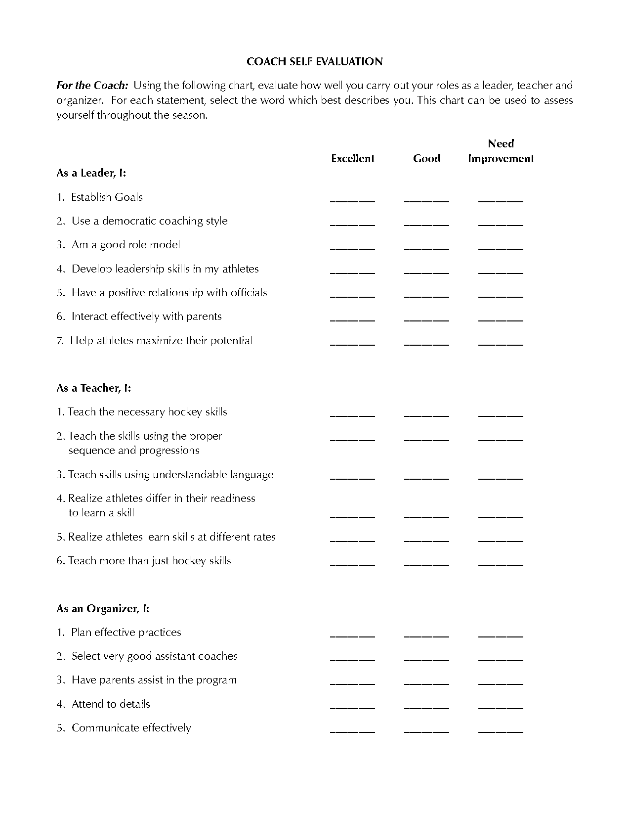 basketball coach self evaluation form