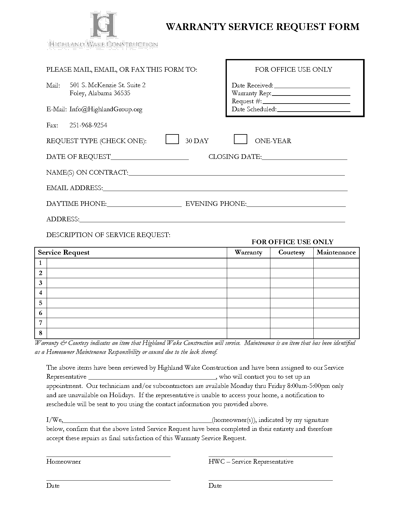 highland home warranty request