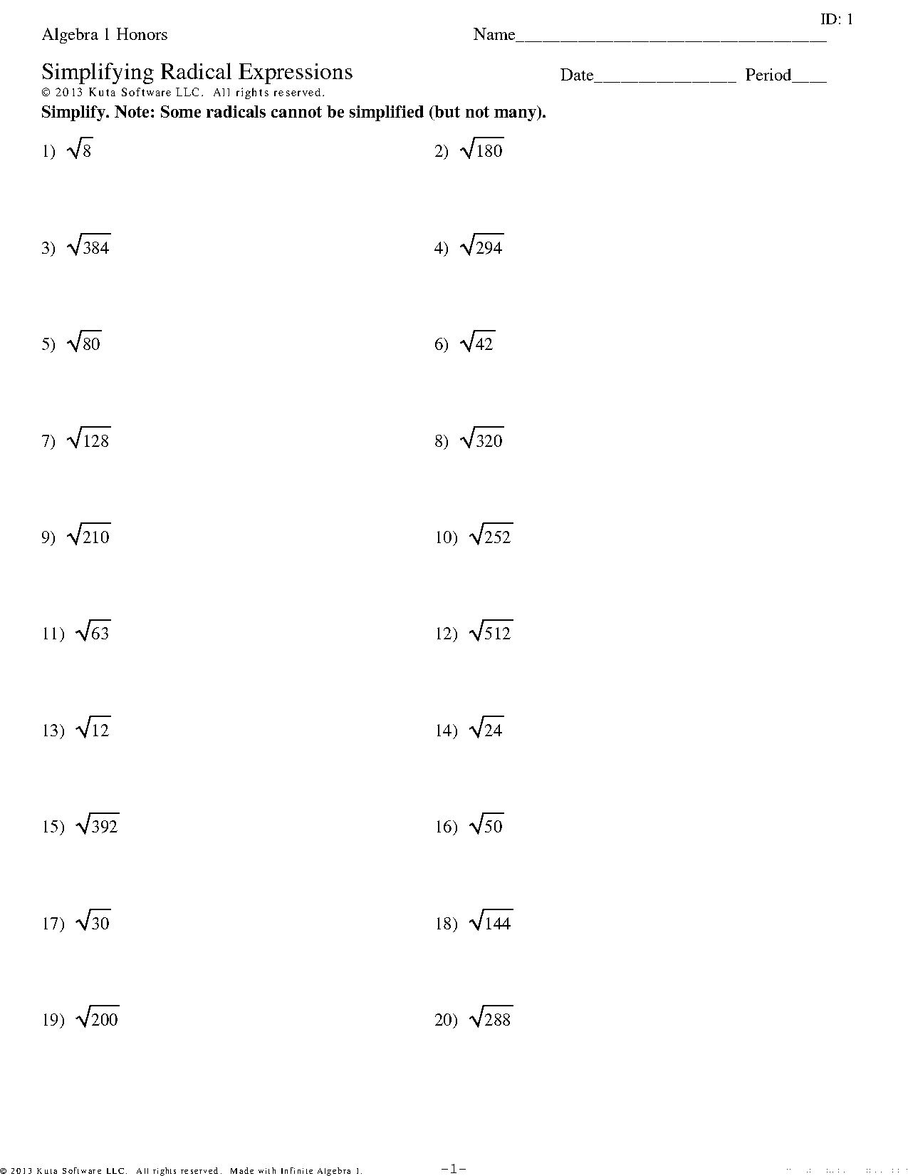 simplifying radicals fractions worksheet kuta