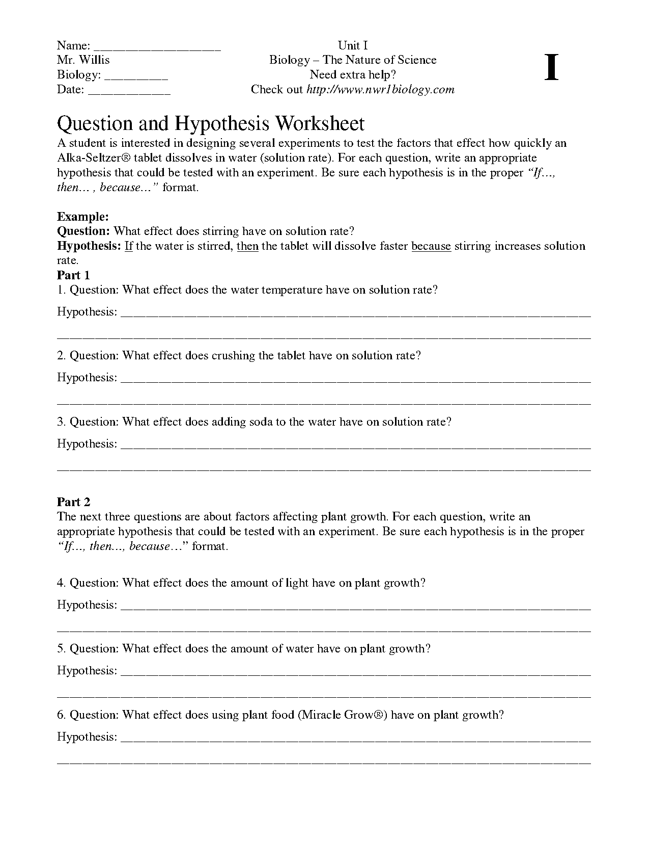 writing scientific questions worksheet