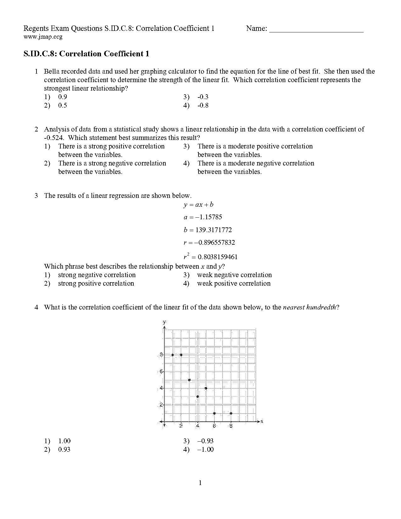 how to find correlation coefficient given a table worksheet