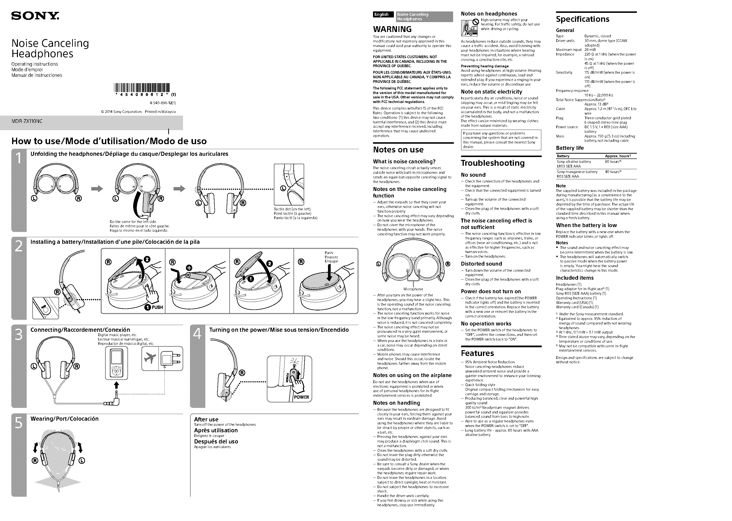 sony headphones noise cancelling manual