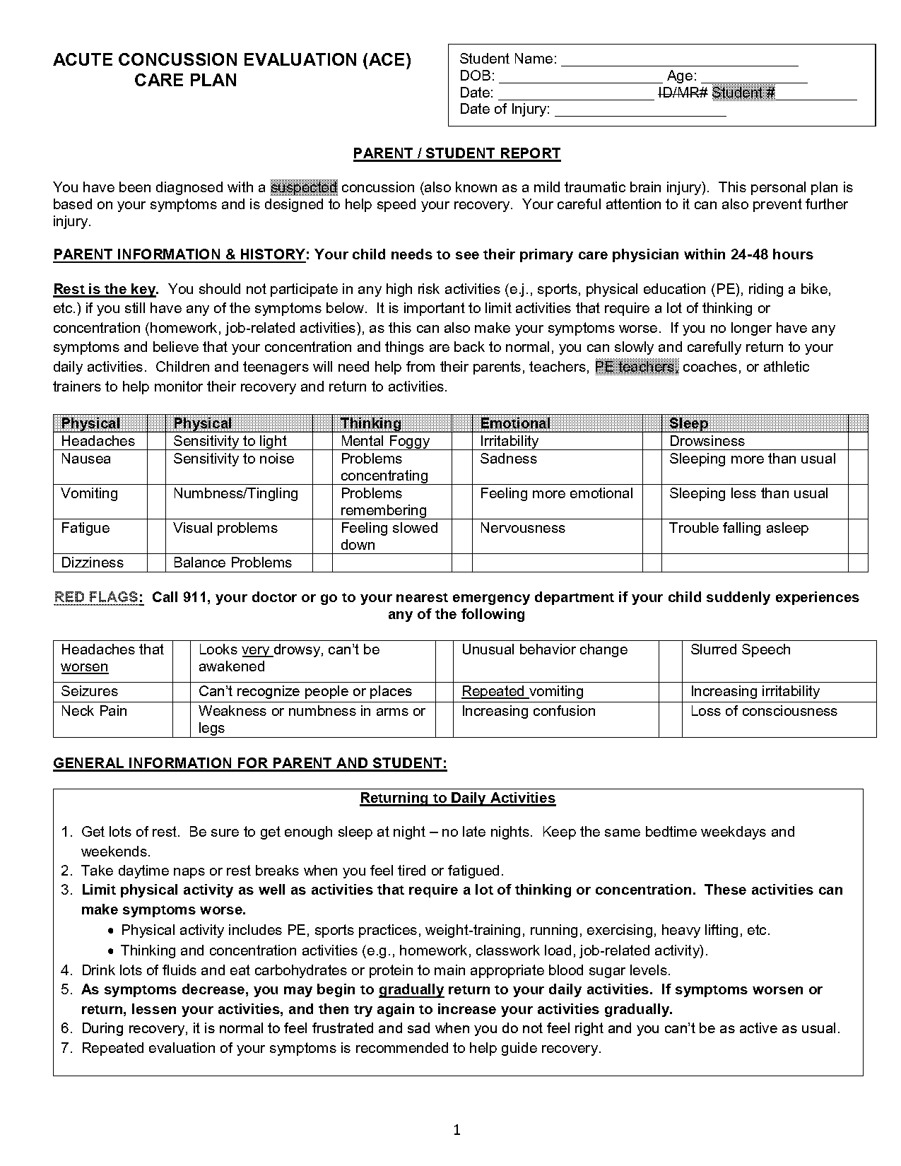 acute concussion evaluation ace care plan