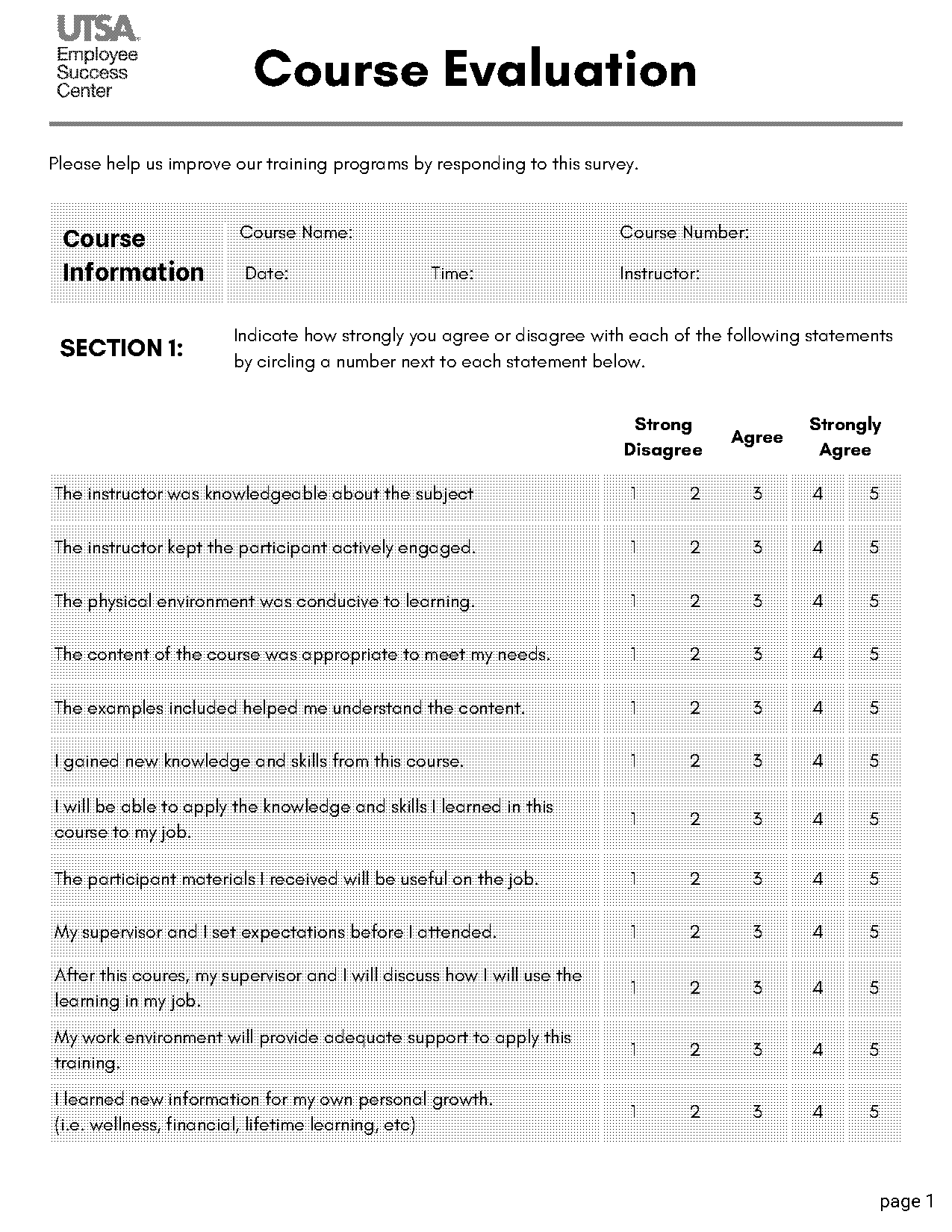 course evaluation questionnaire template