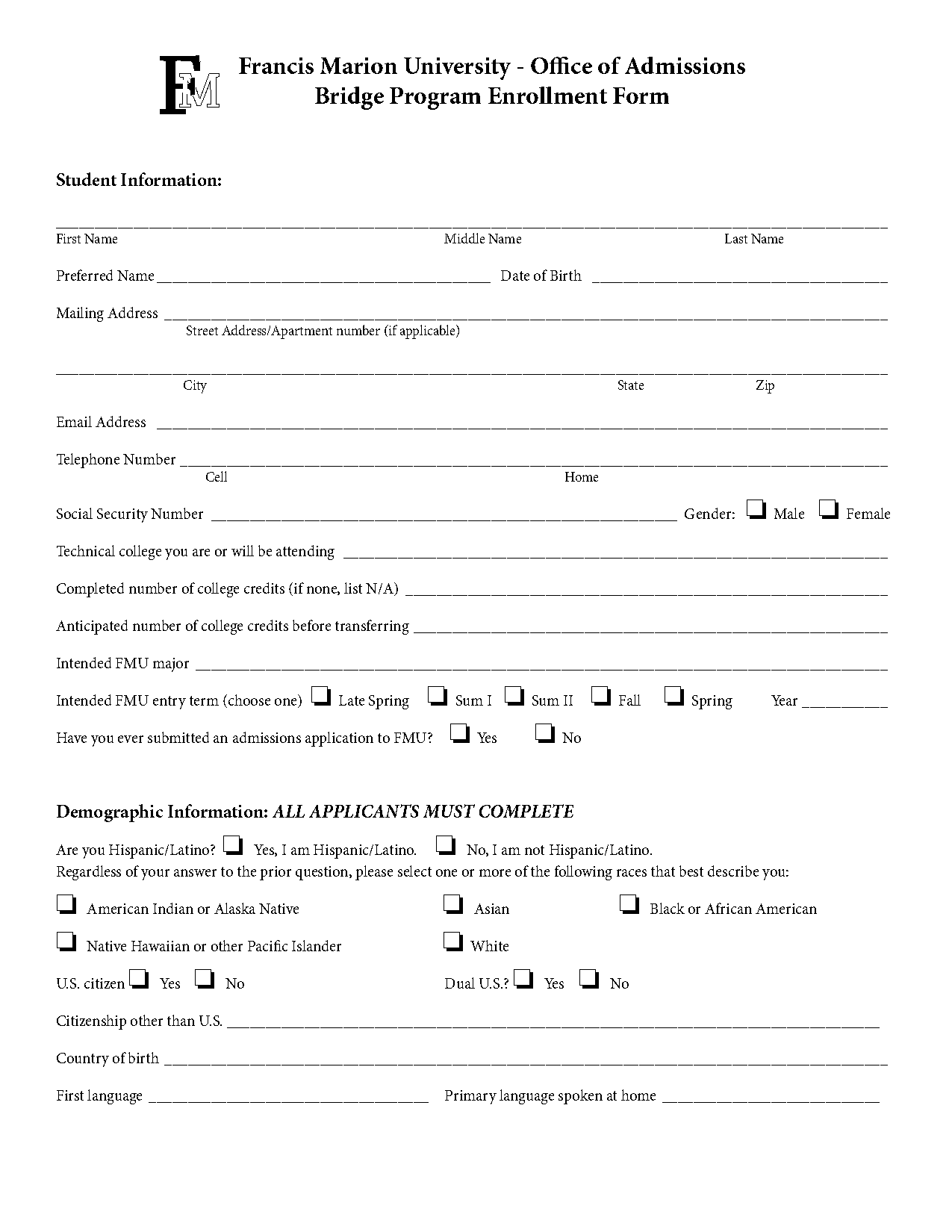 bridge college application form