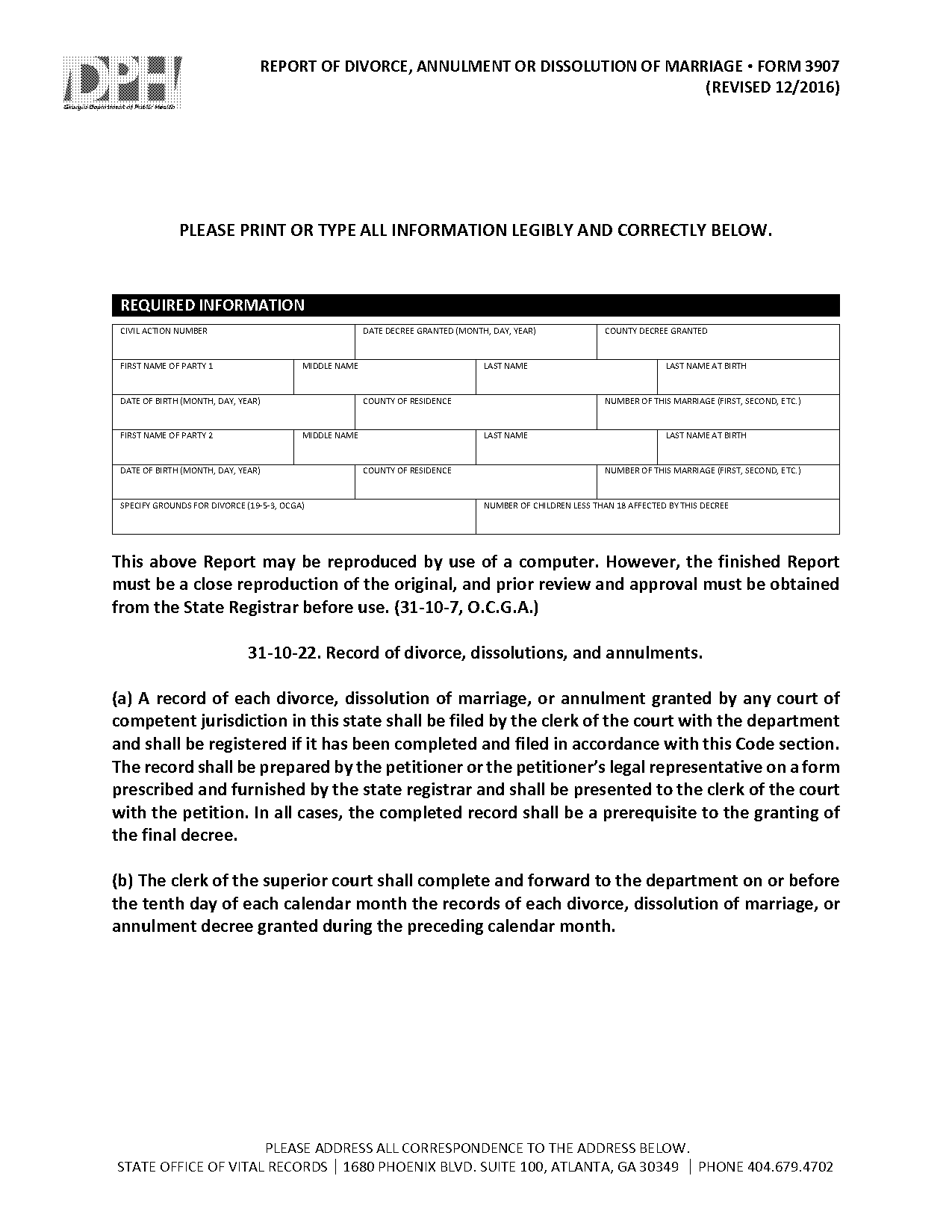 record of divorce or annulment form purpose