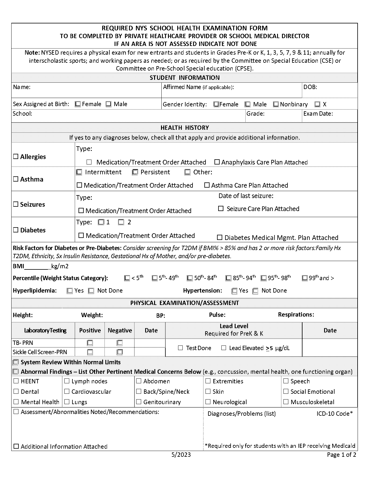 department health physical form