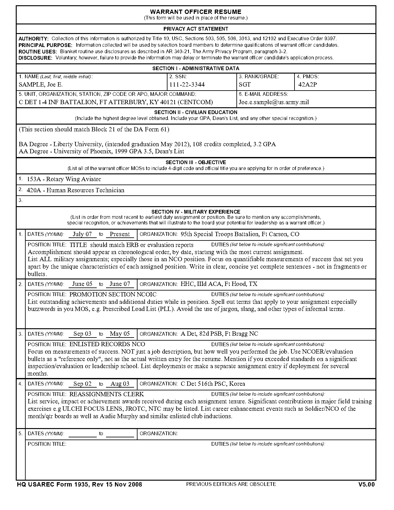 army warrant officer resume example