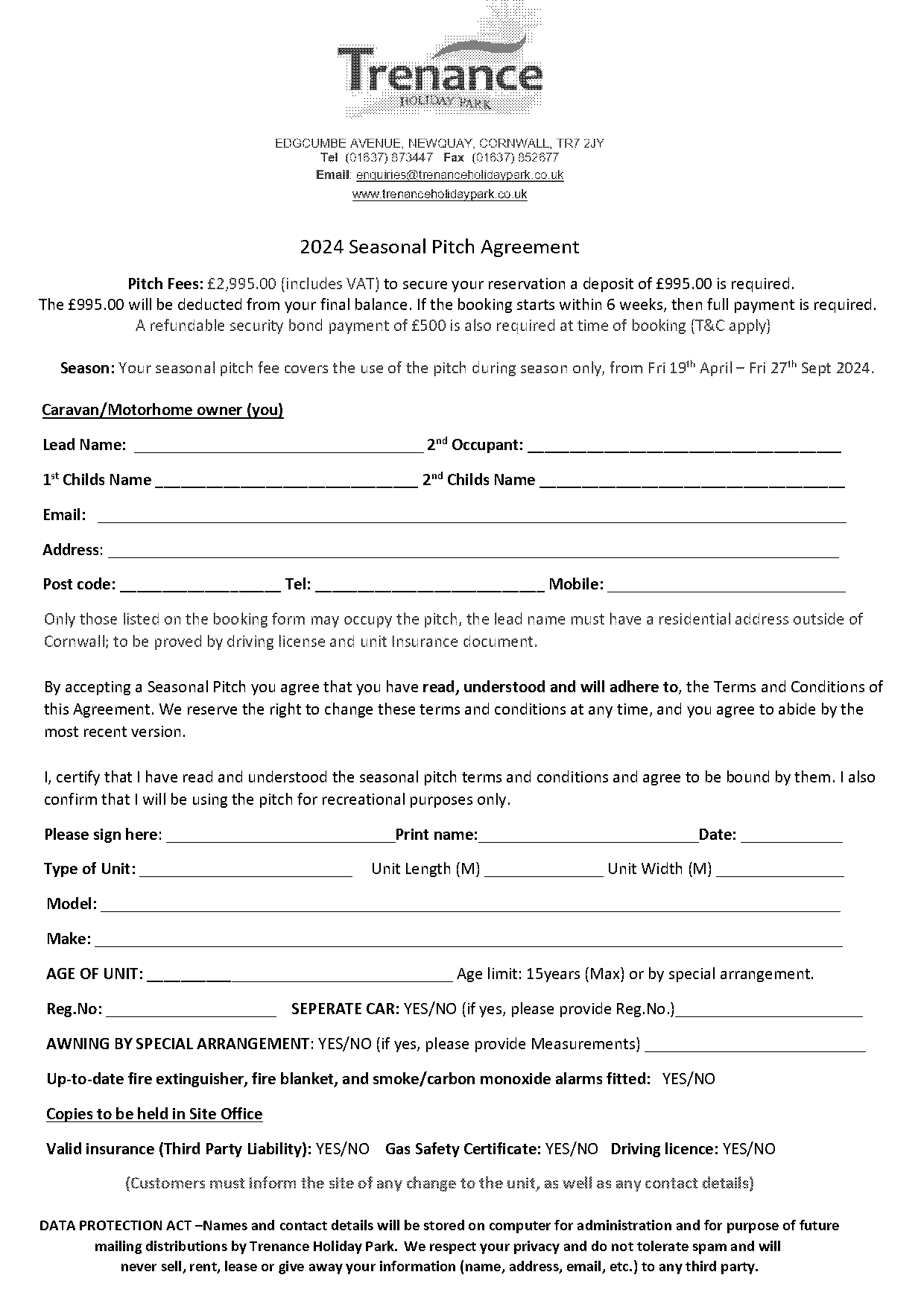 caravan booking form templates