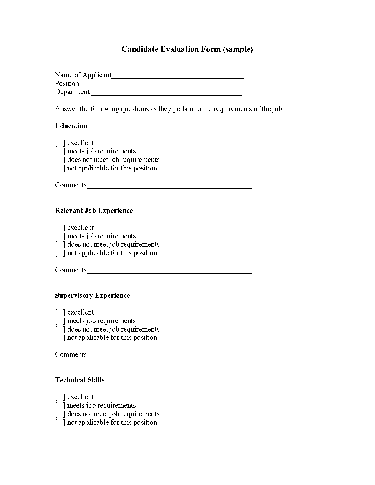 sample candidate interview evaluation comments