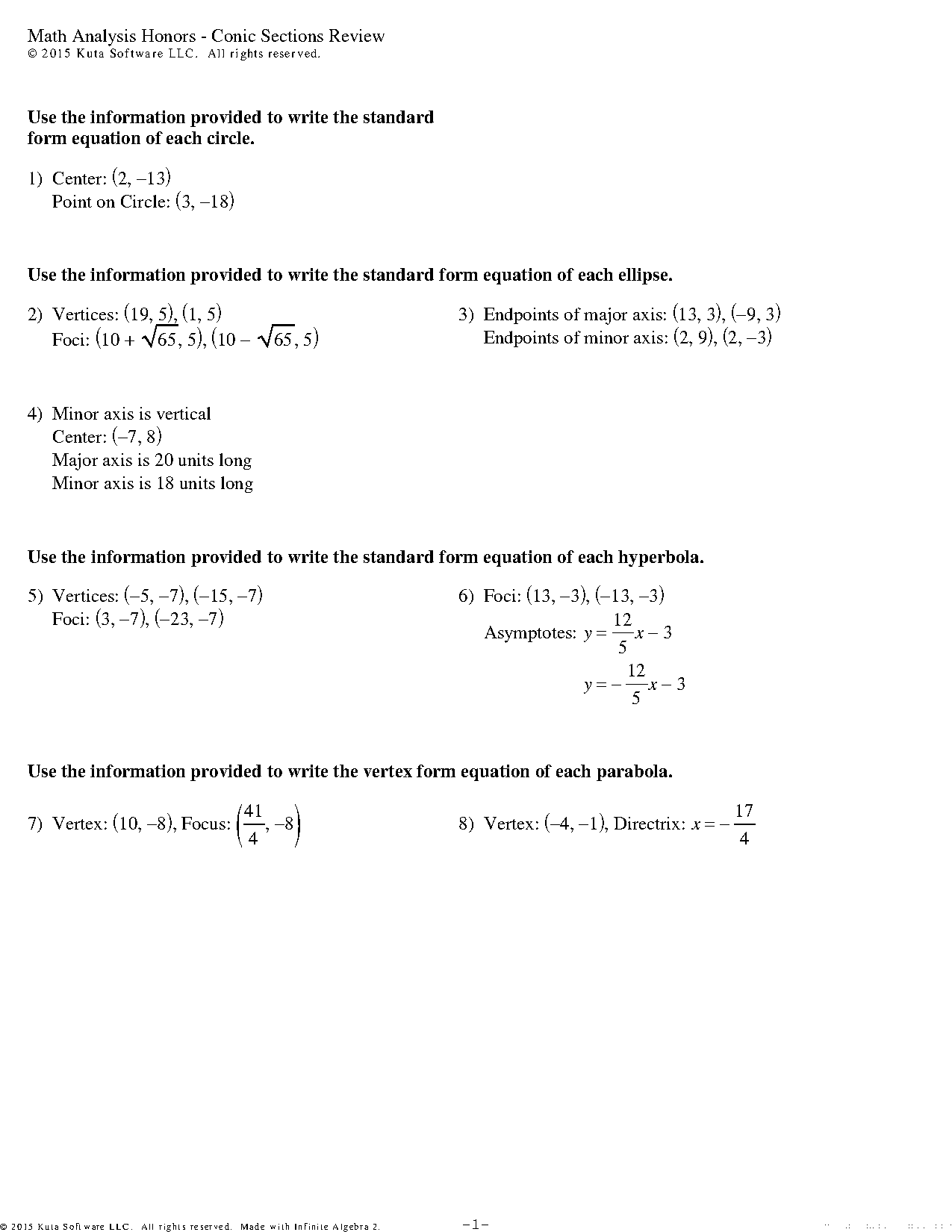 conic sections practice worksheet