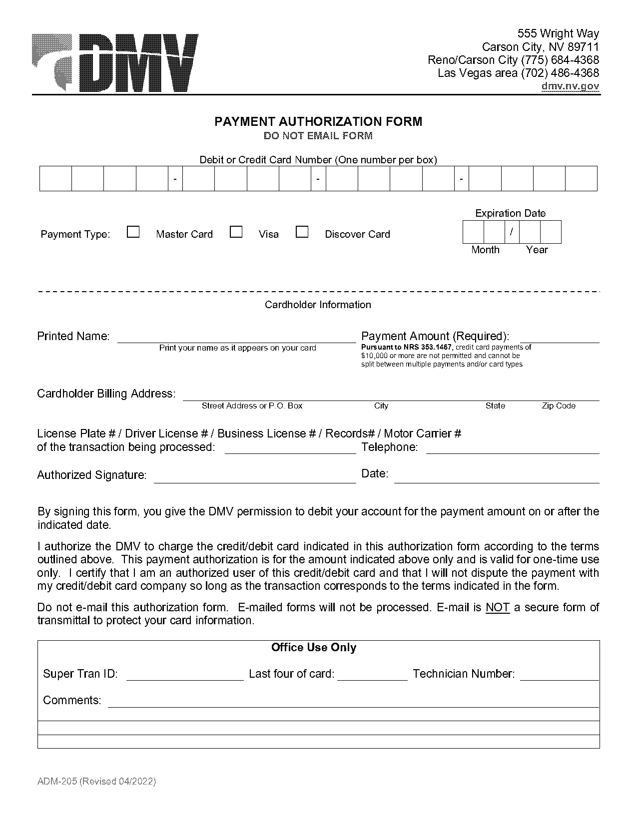 creadit card authorization form