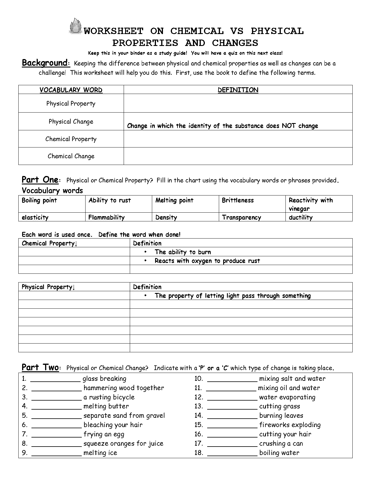 chemical versus physical properties worksheet