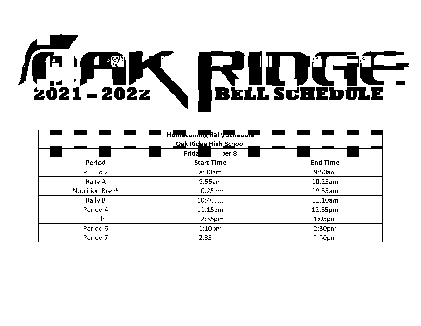 bell schedule oak ridge high school