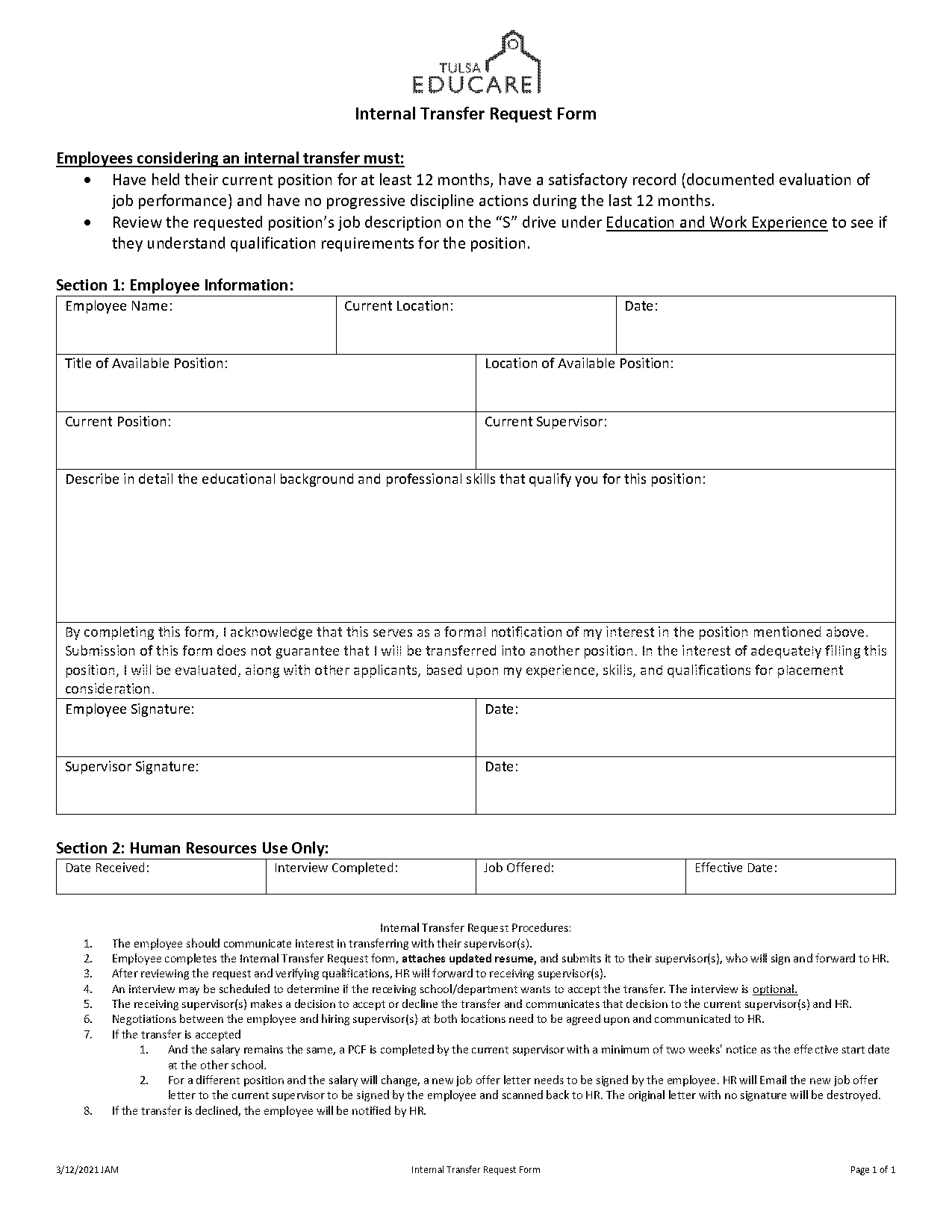 internal job transfer request form