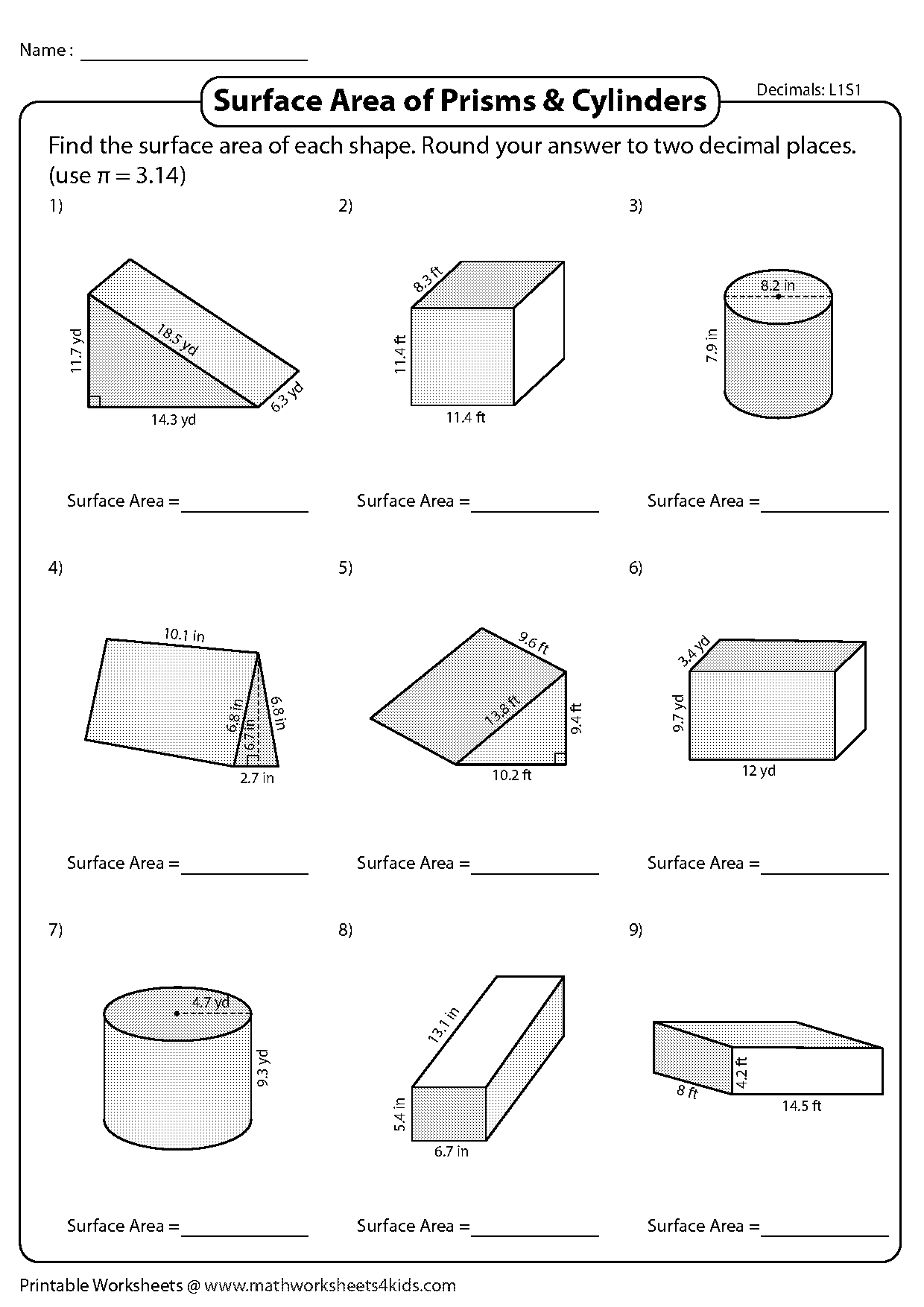 surface area of prisms worksheet pdf