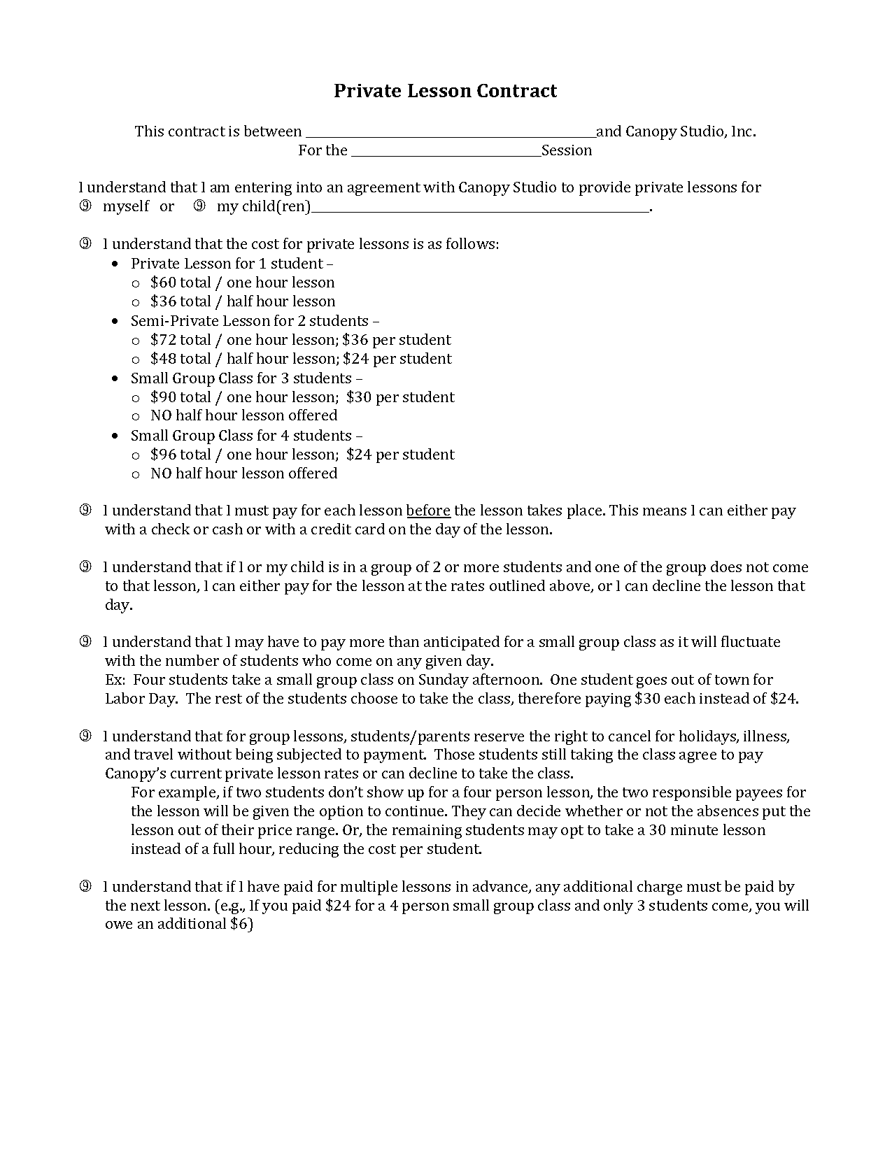 agreement templates for private lessions