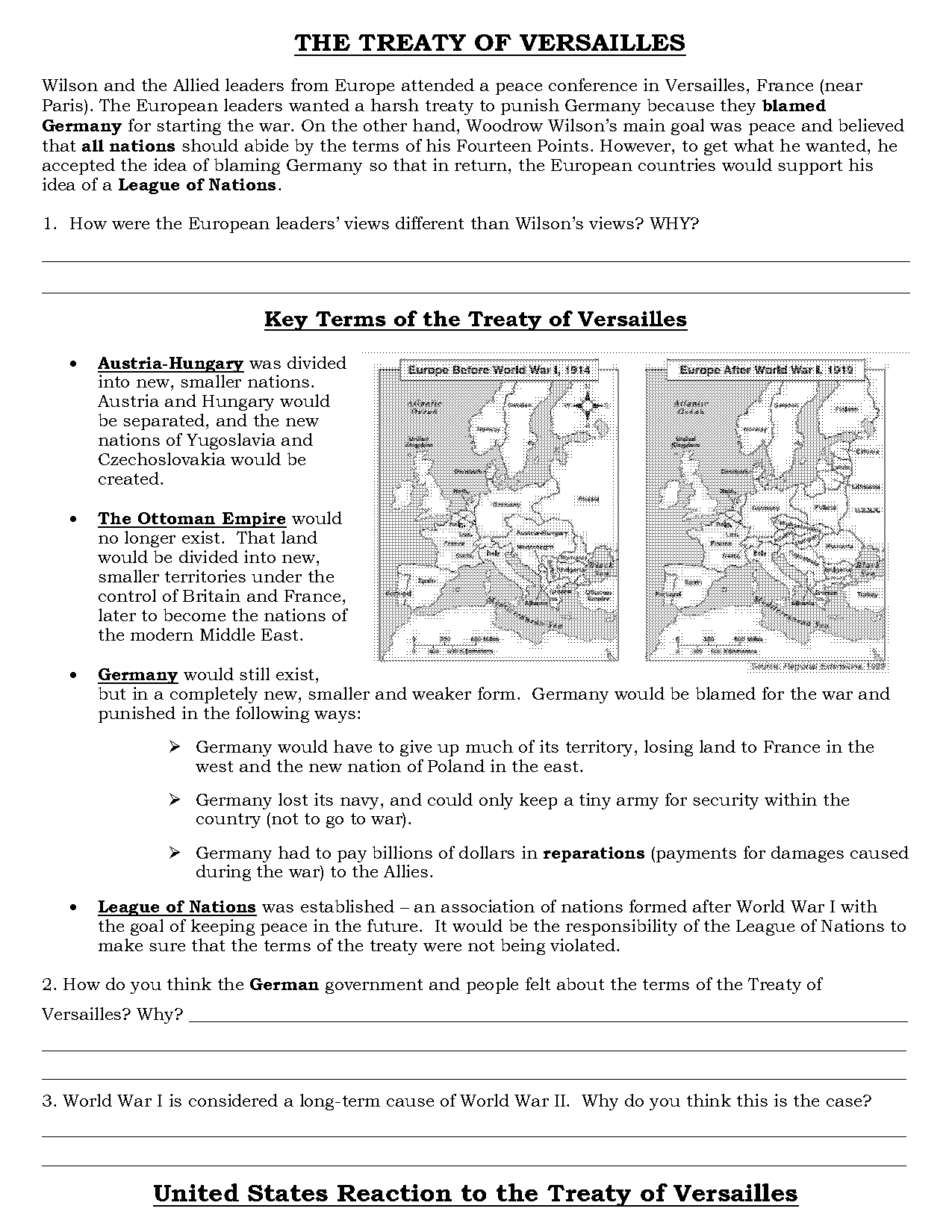 reactions to the treaty of versailles worksheet