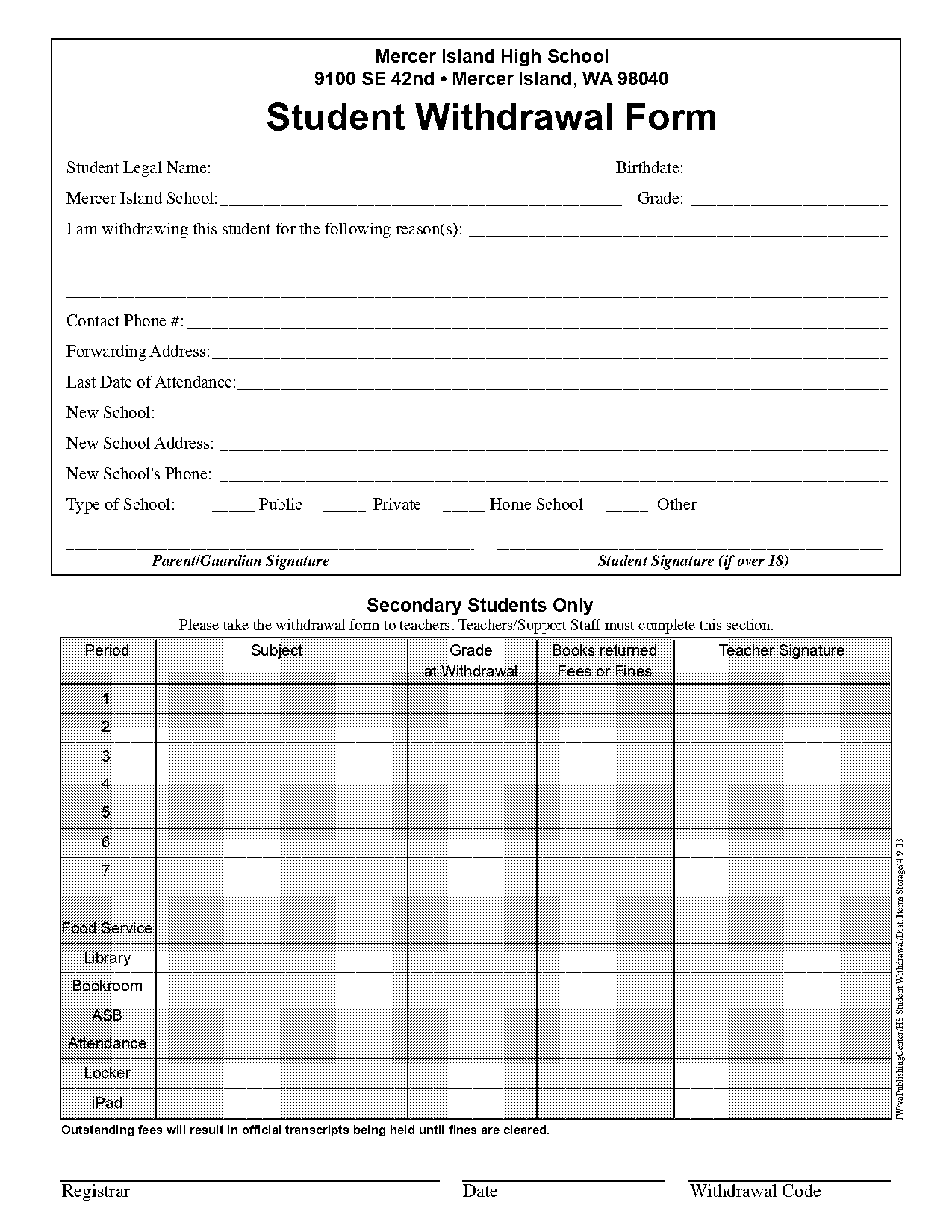 withdrawal form from high school