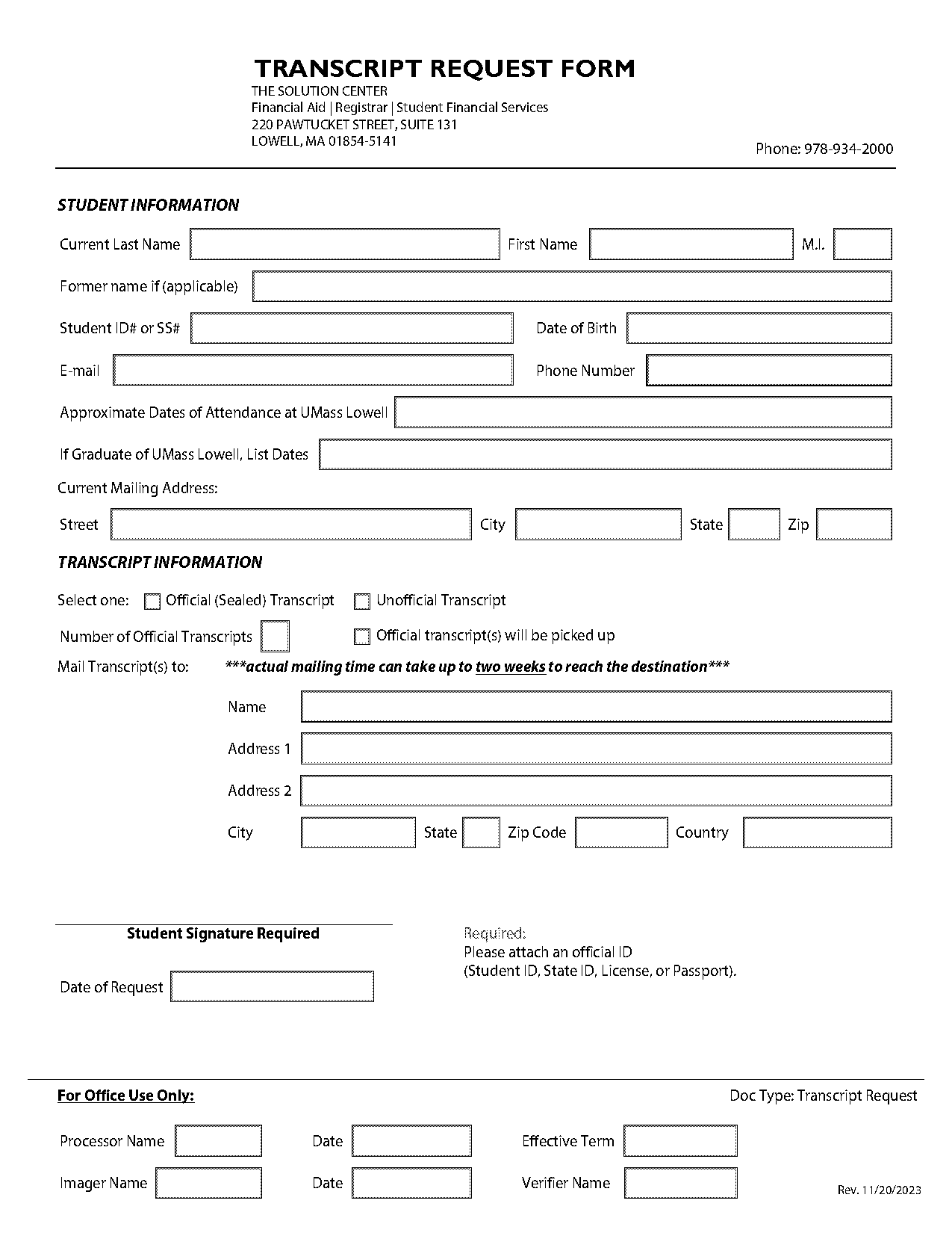 umass transcript request form