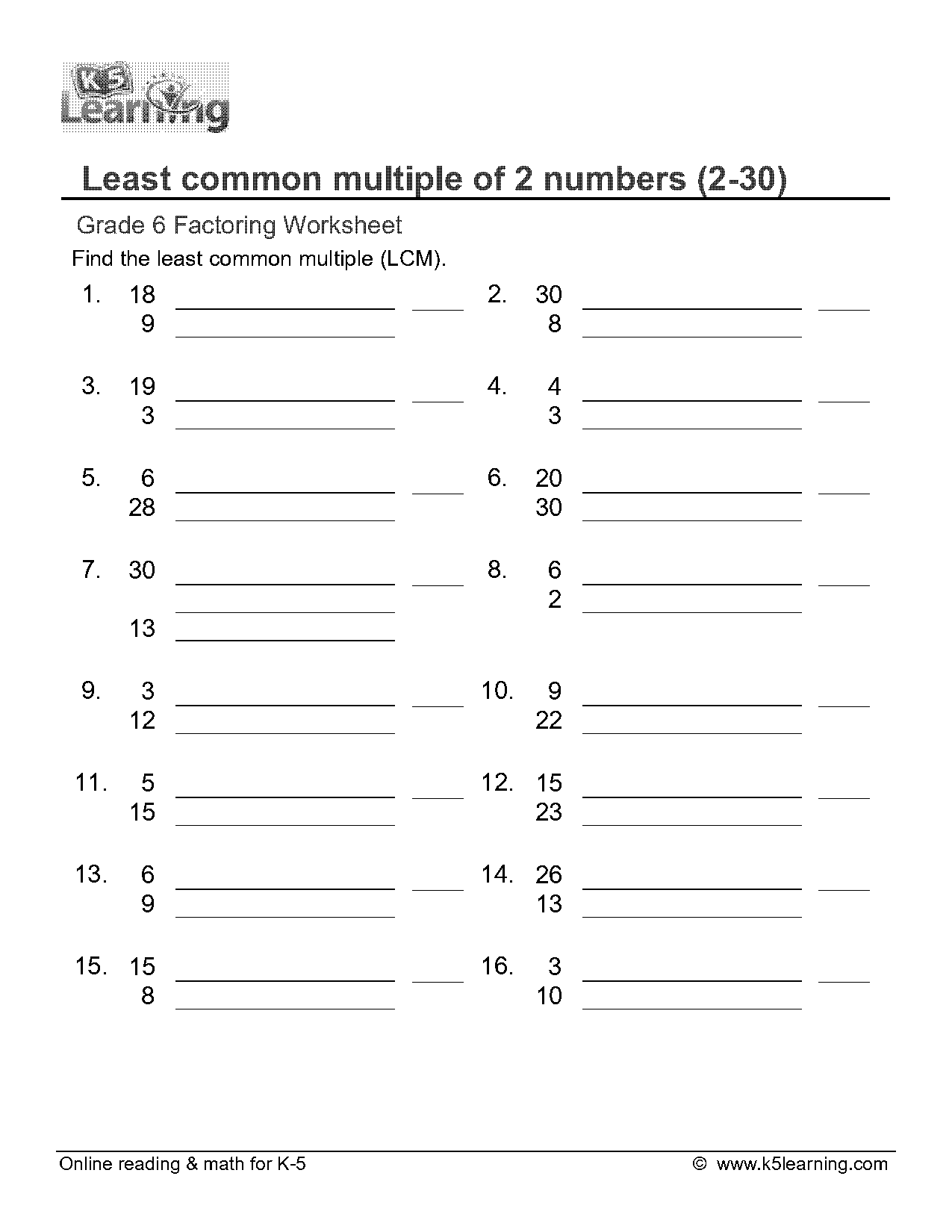 find the least common multiple worksheet