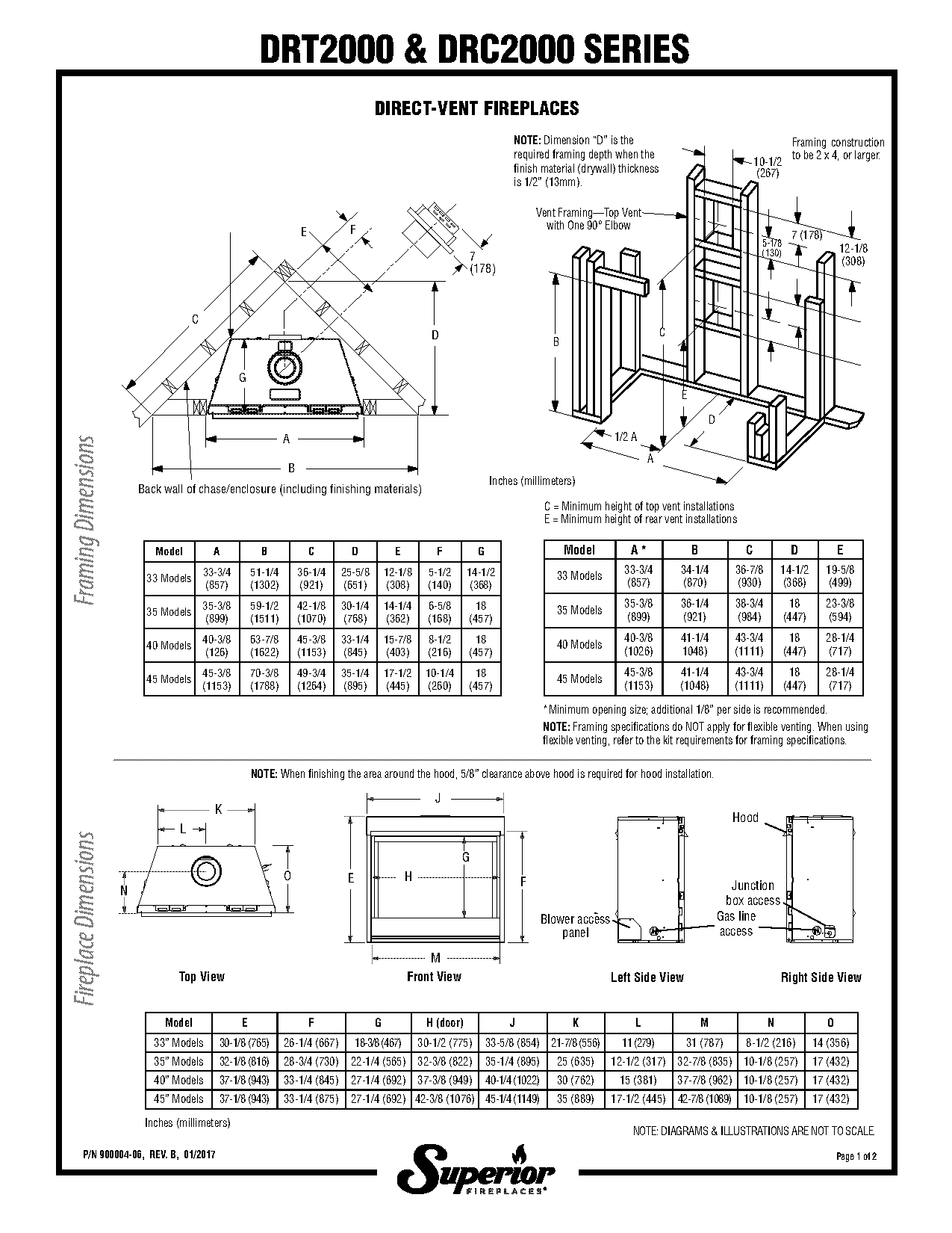 direct vent gas fireplace dimensions