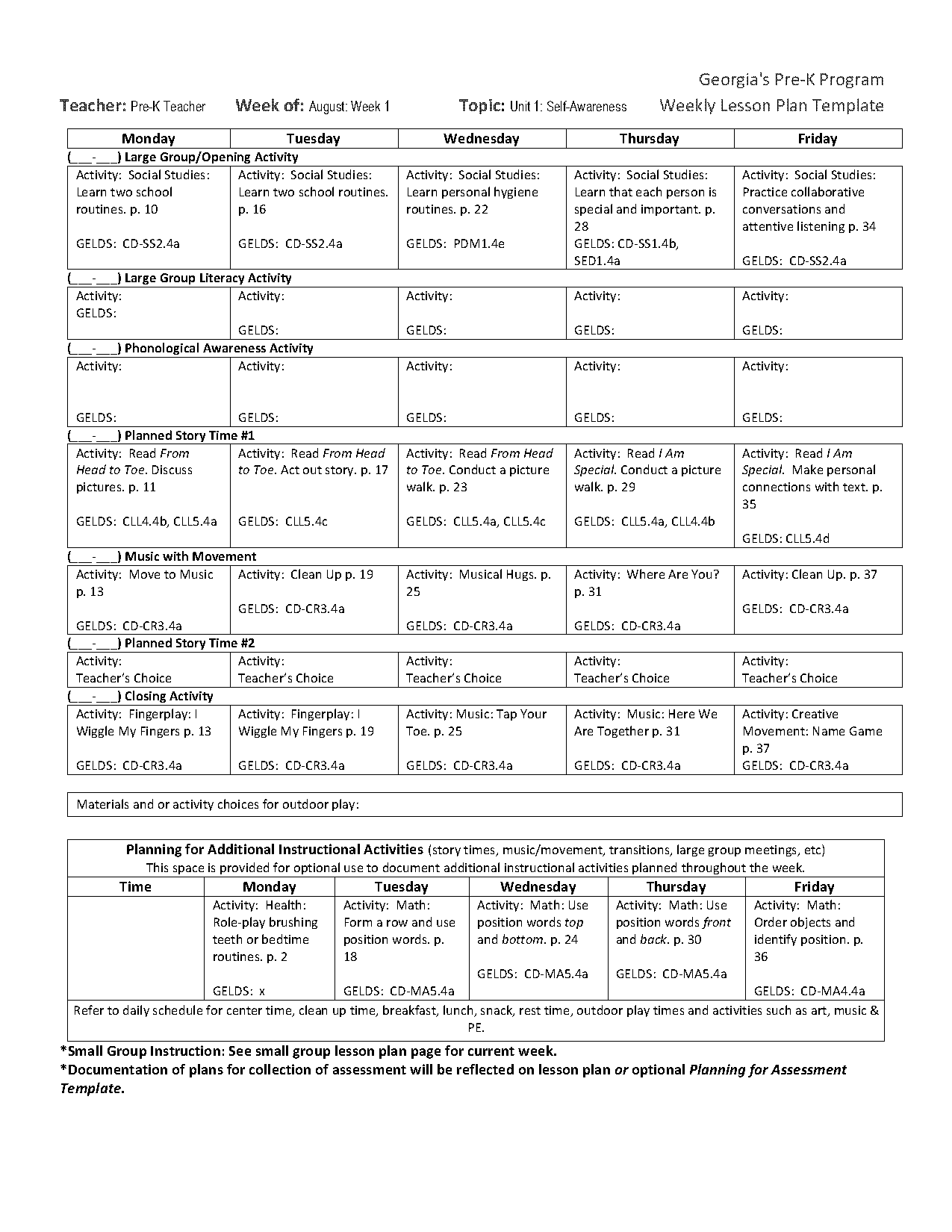 preschool weekly lesson plan template doc