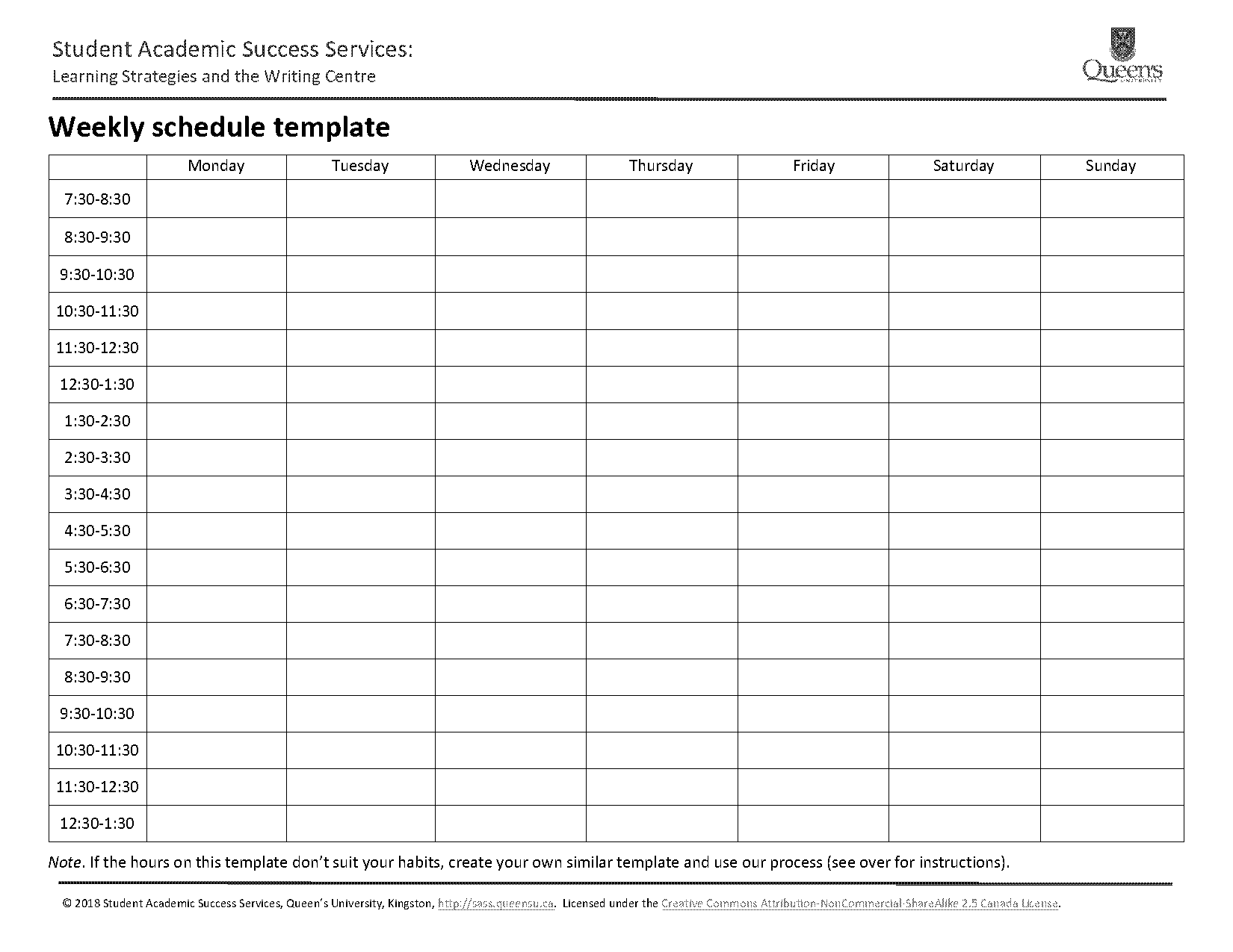 monday through friday weekly schedule template