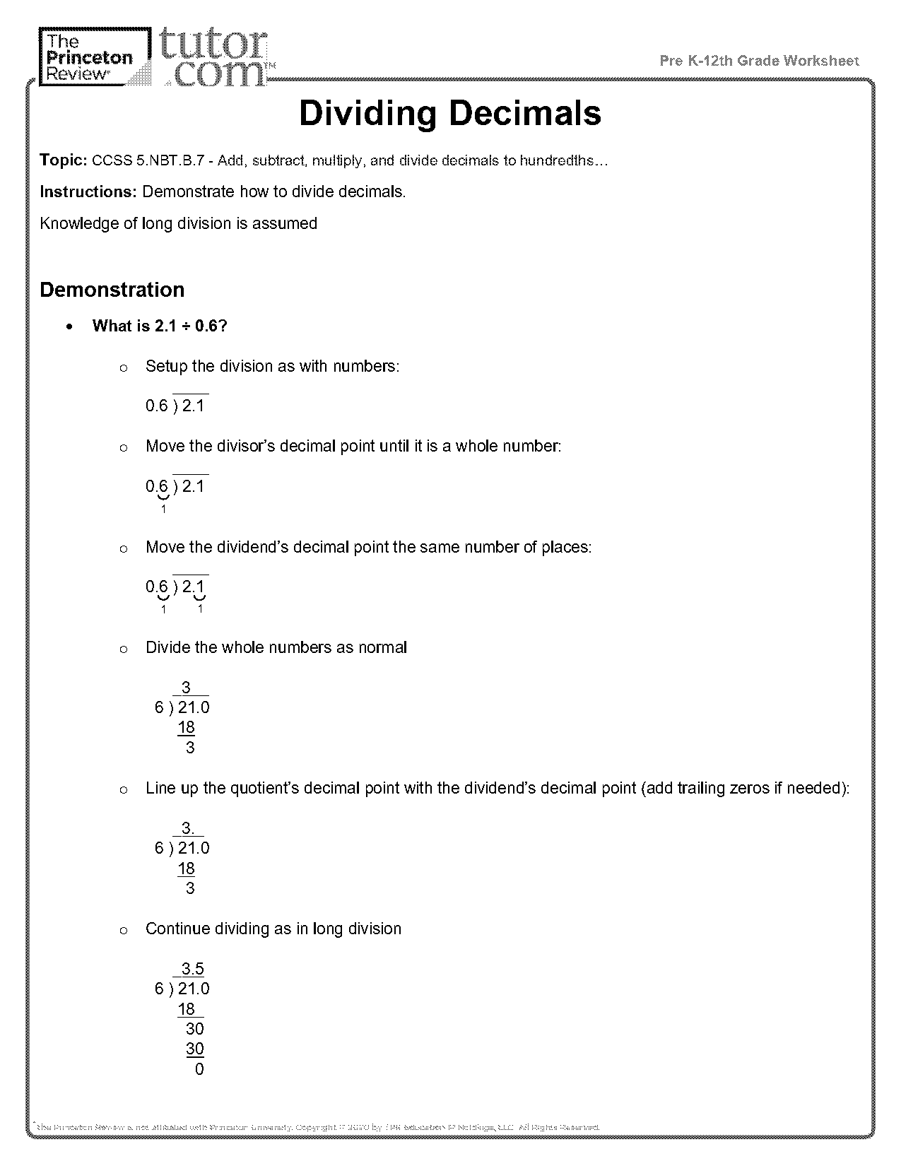 dividing decimals long division by whole numbers worksheet