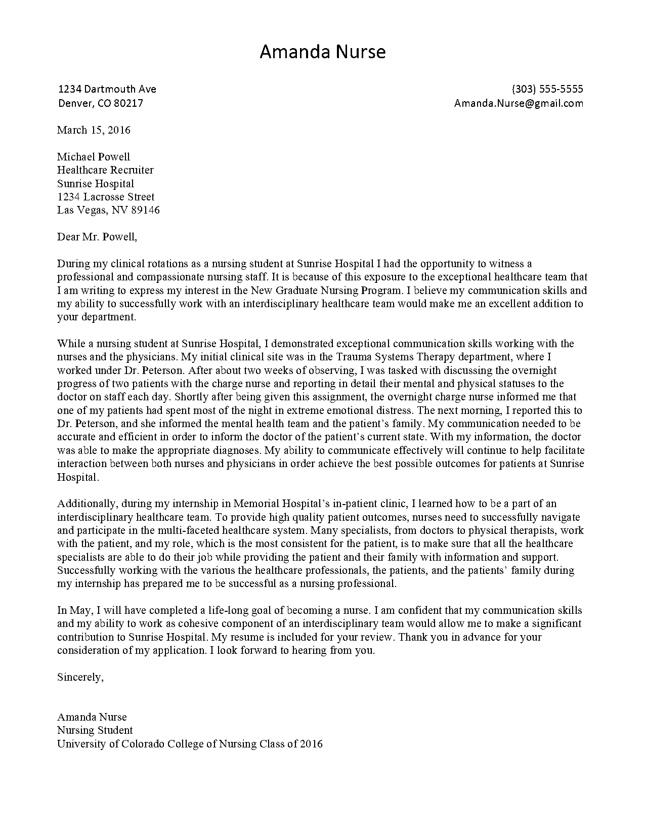 cover letter example for a nurse