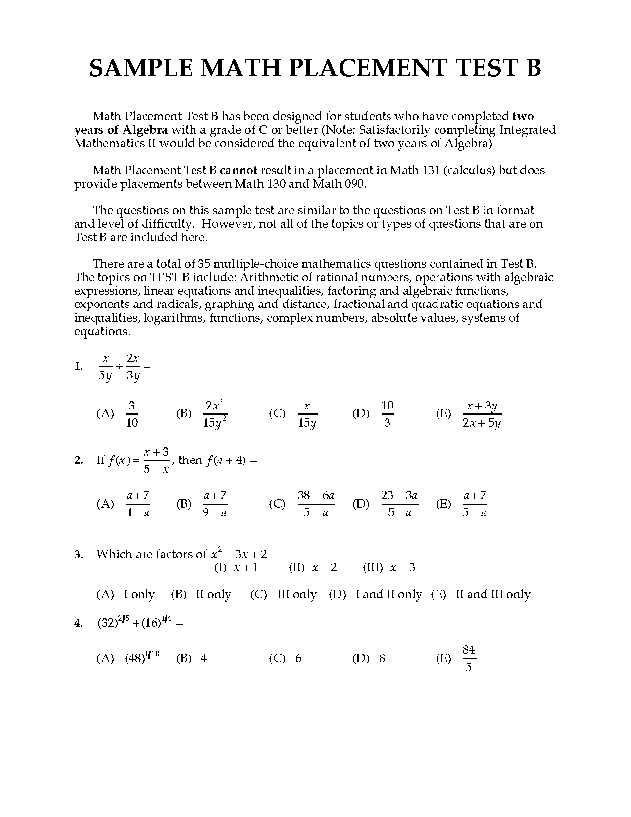 example college math placement test