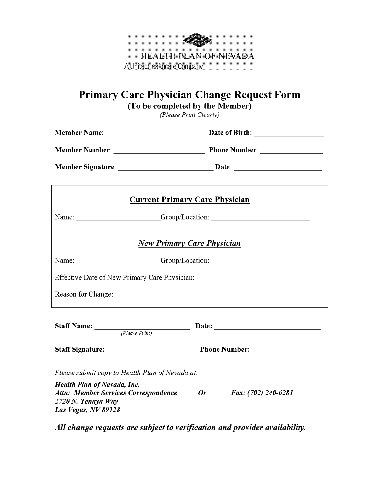 health plan of nevada membership change form