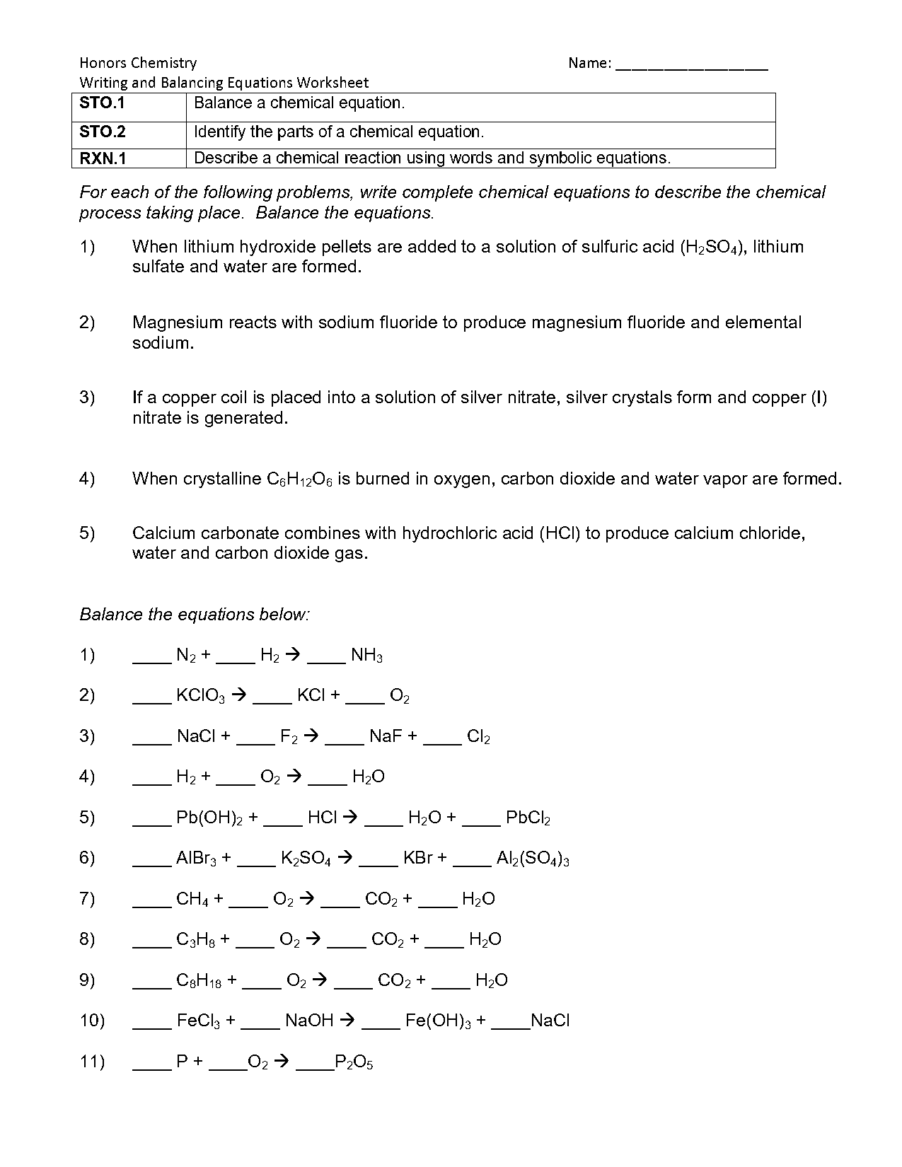 balancing equations worksheet answers