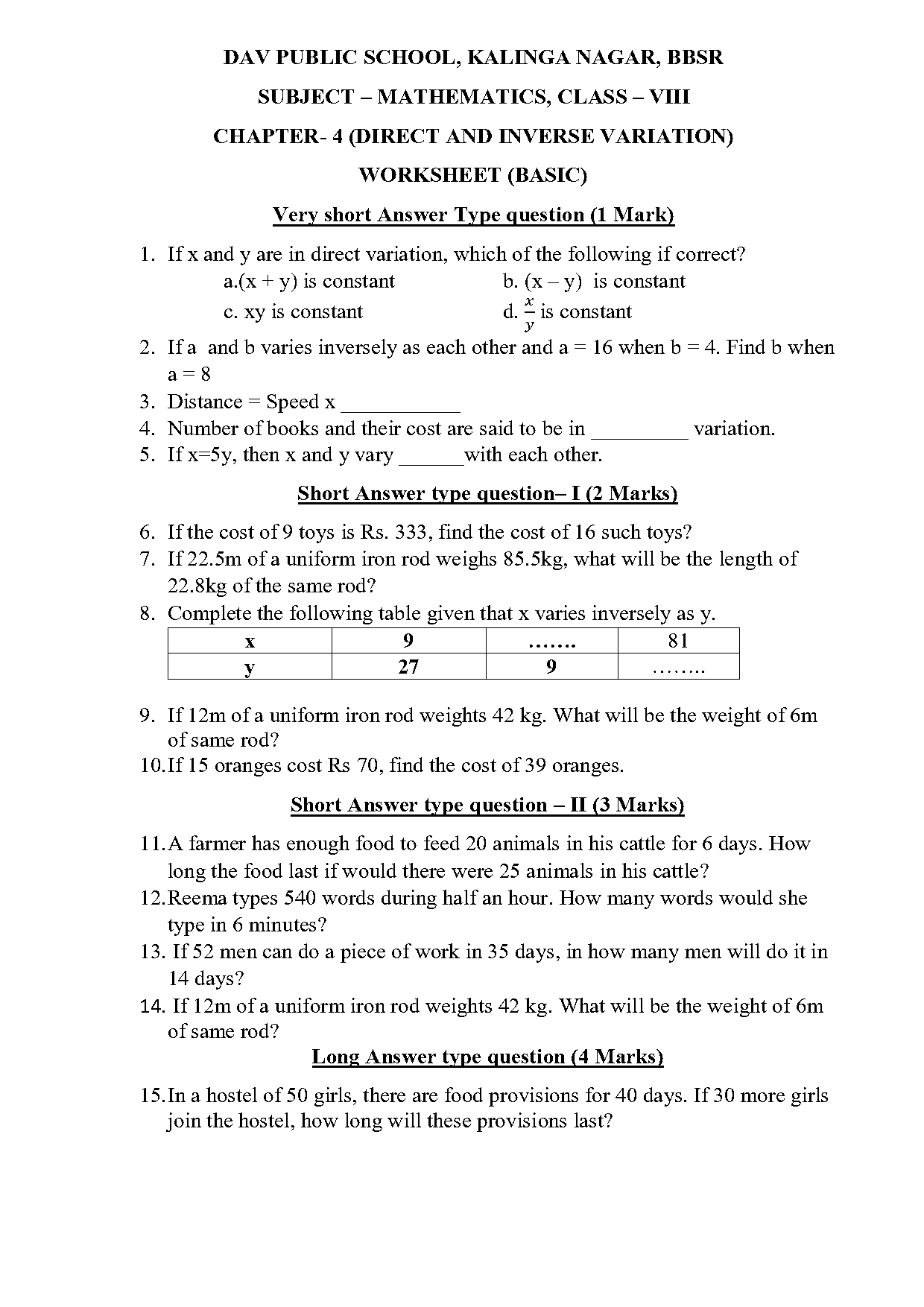 direct variation worksheet answers