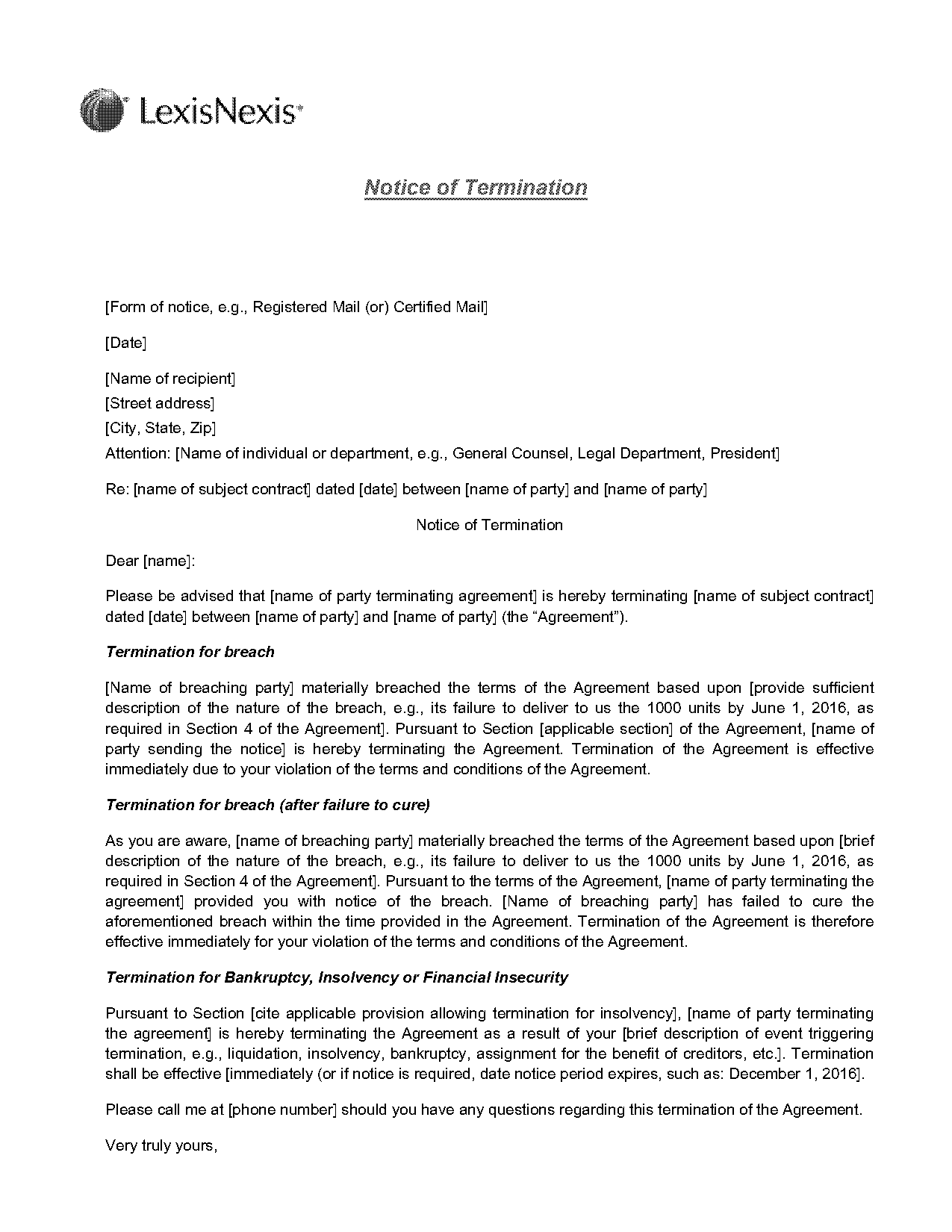 sample notice of contract default