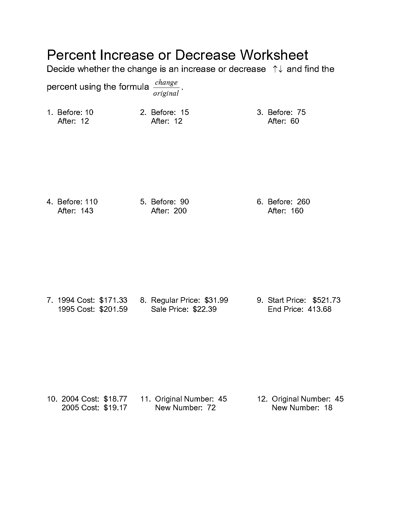 increase and decrease percentages worksheet