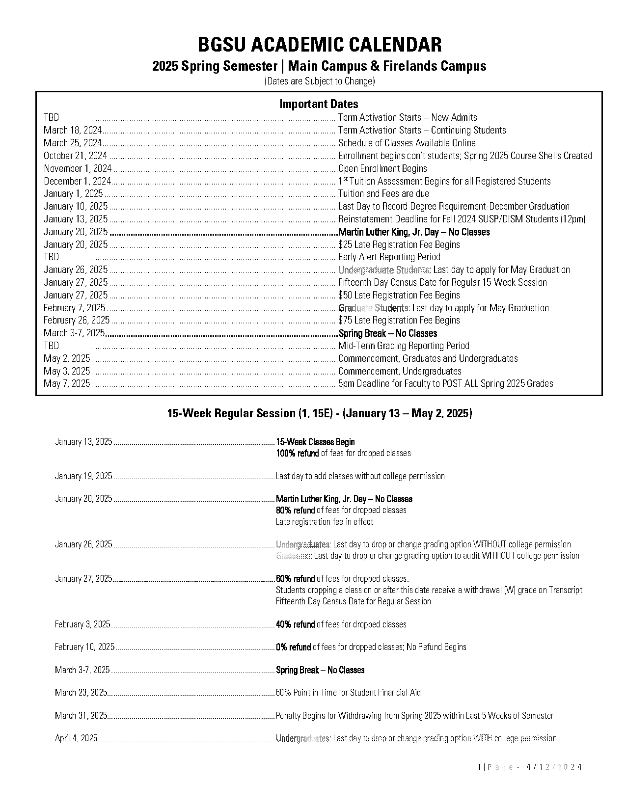 bgsu exam schedule spring